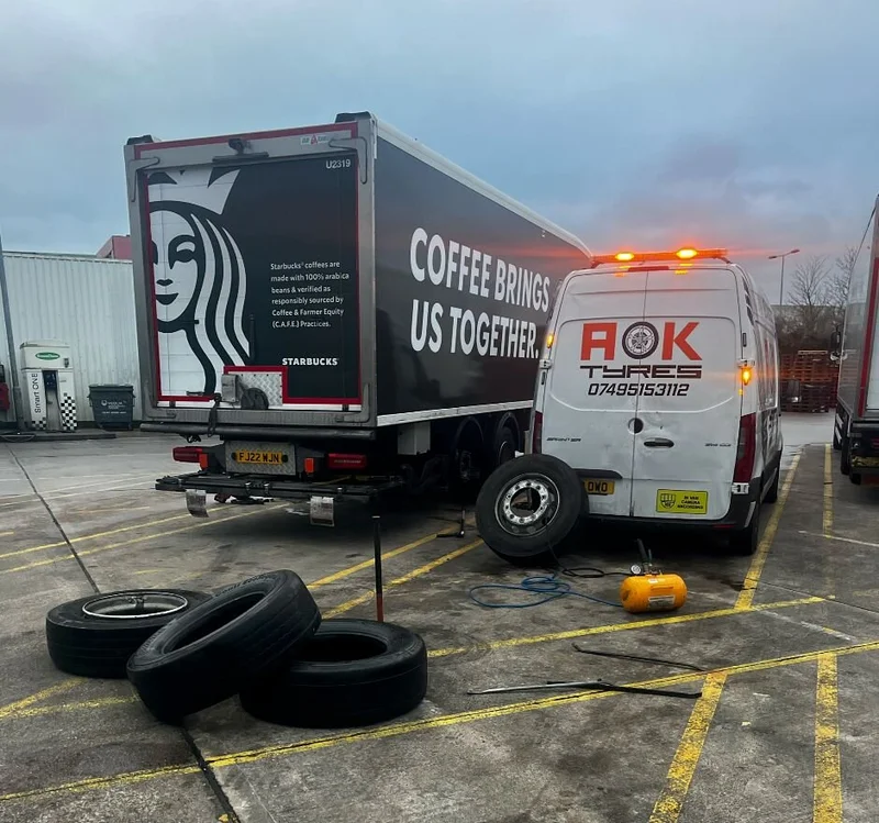 Starbucks truck tyre being replaced